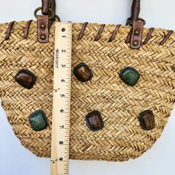 Boho Summer Woven Straw Bag Gem Stones Embellished Beach - Picture 17 of 17